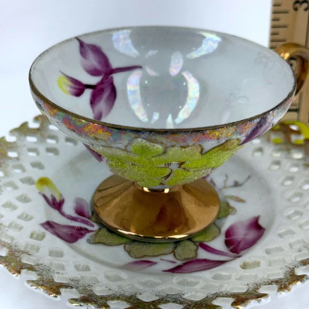 Vintage Japan Sterling‎ China Iridescent Floral Textured Pansy Teacup & Saucer